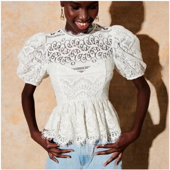 SAYLOR Tops - SAYLOR FERA White Women’s Lace Peplum Top Sz. S